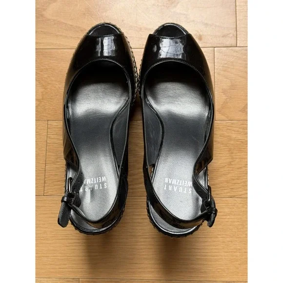STUART WEITZMAN Wedge Womens 7 M Black Patent Leather Shoes Sling back Open Toe - Picture 6 of 9
